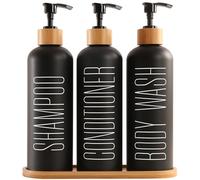 Shampoo and Conditioner Dispenser, Contains Shampoo Conditioner Body Wash Bottle, 500ml Refillable Shampoo Bottle with Bamboo Pumps & Tray, Modern Bathroom Shower Soap Dispenser Set