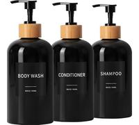 Shampoo and Conditioner Dispenser, Refillable Plastic Shampoo Pump Bottles with Waterproof Labels, Empty Body Wash Dispenser Set for Bathroom, Shower Soap Bottles (Black, Set of 3, 16.9oz)