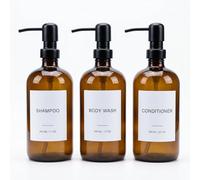 Shampoo and Conditioner Dispenser Set - 3 Pack 600ml/21oz Refillable PET Shower Bottles with Stainless Steel Pump, Funnel & Labels, Bathroom Shampoo Dispenser for Shower (Amber)