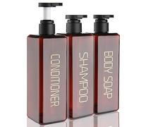 Shampoo and Conditioner Dispenser Shower Soap Bottles 3 Pack 550ml/18.6oz Refillable Shampoo Pump Bottle Dispenser Plastic Empty Body Wash Dispensers with Stylish Permanent Labels for Bathroom (Brown)