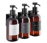 Shampoo & Conditioner Dispenser - Shower Soap Dispenser Wall Mounted - Set of 3 500 ml Plastic Bottles with Pump & Holder - Shampoo Dispenser - Shower Dispenser Chamber No Drill (3 X Amber/Black)