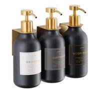 Shampoo & Conditioner Dispenser - Shower Soap Dispenser Wall Mounted - Set of 3 500 ml Plastic Bottles with Pump & Holder - Shampoo Dispenser - Shower Dispenser Chamber No Drill (3 X Black/Gold)
