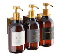 Shampoo & Conditioner Dispenser - Shower Soap Dispenser Wall Mounted - Set of 3 500 ml Plastic Bottles with Pump & Holder - Shampoo Dispenser - Shower Dispenser Chamber No Drill (3 X Amber/Gold)