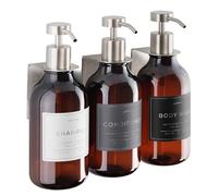 Shampoo & Conditioner Dispenser - Shower Soap Dispenser Wall Mounted - Set of 3 500 ml Plastic Bottles with Pump & Holder - Shampoo Dispenser - Shower Dispenser Chamber No Drill (3 X Amber/Silver)