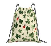 Shamrock Ladybugs Drawstring Bag Sport Sack 4 Leaf Clover Drawstring Gym Bag for Kids Adults Water-Resistant Swimming String Backpack for Fitness Running Yoga Travel