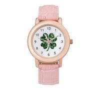 Shamrock with Dinosaurs Women's Leather Watch Easy Reader Minimalist Wristwatch Pink Rose Gold Strap Watches