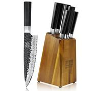 SHAN ZU 7-Piece Knife Set with Block, Hand Forged 7-Layer Japanese Knives | Ultra-Sharp Premium 10Cr15MoV Core 62 HRC, Hammered Texture, Ergonomic Octagonal G10 Handle