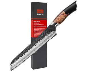 SHAN ZU Bread Knife, Japanese Serrated Kitchen Knife 8 Inch, Professional Bread Slicer Pastry Knife with Hand Forged 7 Layers High Carbon 10Cr15MoV Steel Sharp Blade and Maple Wood Handle