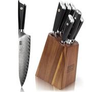 SHAN ZU Damascus Kitchen Knives Set, 7-Piece Japanese Knife Sets with Block 67 Layers 10Cr15CoMoV Damascus Steel Ultra Sharp Chef Knife Block Set with G10 Handle