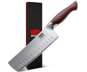 SHAN ZU Nakiri Knife 7 inch, Japanese Cooking Knife for Vegetable/Meat, Professional Chef Knife with 10Cr15Mov High Carbon Stainless Steel Sharp Blade & Ergonomic Pakkawood Handle - Okinawa Series