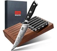 SHAN ZU Steak Knife Set of 7pcs, 11cm Damascus Steak Knife Set with Block, Japanese High Carbon Steel Kitchen Serrated Knives Set with Ergonomic G10 Handle and Gift Box - PRO Series