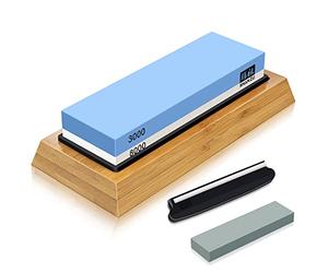 SHAN ZU Whetstone Knife Sharpening Stone Knife Sharpeners with Angle Guide Flattening Stone Non-Slip Bamboo Base 2 Side Grit 3000/8000 Waterstone
