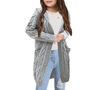 Shanfetl Girls Autumn Hooded Open Front Sweater Cardigan Cable Knitted Chunky Button Down Outfit Coat Hoodie, Grey, 9-10 Years