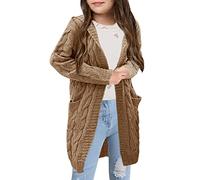 Shanfetl Girls Autumn Hooded Open Front Sweater Cardigan Cable Knitted Chunky Button Down Outfit Coat Hoodie, Khaki, 11-12 Years