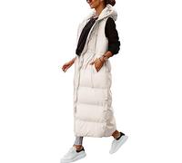 Shanfetl Women's Long Quilted Vest Hooded Maxi Length Sleeveless Puffer Vest Padded Coat Winter Outerwear, Beige, XL