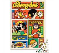 Shanghai Retro Pop Art Illustration Jigsaw Puzzle 1000 Pieces, Downtown Architecture at Night, Matte Printed Jigsaw for Travel Lovers, Mindful Activity, Gift Idea, 52x38cm/1000pcs