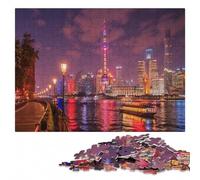 Shanghai Skyline at Night Wooden Jigsaw Puzzle 1000 Pieces for Adults | Border-first building - a simple way to organise the image on quiet evenings.