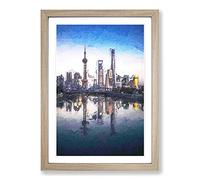 Shanghai Skyline Reflection Framed Print | A2 Oak Framed Wall Art | Ready to Hang | Modern Cityscape Picture | Living Room Bedroom Lounge Office