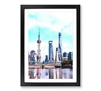 Shanghai Skyline Reflection Painting Framed Print | A2 Black Framed Wall Art | Ready to Hang | Modern Cityscape Picture | Living Room Bedroom Lounge Office