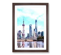 Shanghai Skyline Reflection Painting Framed Print | A2 Walnut Framed Wall Art | Ready to Hang | Modern Cityscape Picture | Living Room Bedroom Lounge Office