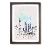 Shanghai Skyline Reflection Watercolour Framed Print | A2 Walnut Framed Wall Art | Ready to Hang | Modern Cityscape Picture | Living Room Bedroom Lounge Office