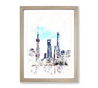 Shanghai Skyline Reflection Watercolour Modern Framed Print | A2 Oak Framed Wall Art | Ready to Hang | Modern Cityscape Picture | Living Room Bedroom Lounge Office