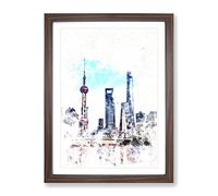 Shanghai Skyline Reflection Watercolour Modern Framed Print | A2 Walnut Framed Wall Art | Ready to Hang | Modern Cityscape Picture | Living Room Bedroom Lounge Office