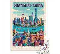 Shanghai Skyline Vintage Poster Adult Paper Puzzle, Asian Architecture Inspired View, 1000 Pieces for Adults, Birthday Gift for Families, Decorative Artwork, 38x26cm/1000pcs