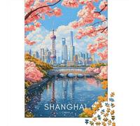 Shanghai Skyline with Cherry Blossoms Jigsaw Puzzle for Adults, 1000 Pieces, 38x26cm/1000pcs, Quiet Home Activity, Focused Puzzle Time And Quiet Weekends