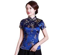 Shanghai Story Chinese Cheongsam Shirt Short Sleeve China Blouse for Women, Blue, S