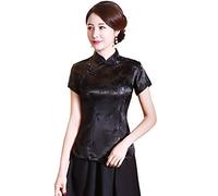 Shanghai Story Chinese Cheongsam Shirt Short Sleeve China Blouse for Women, Flower Black, 4XL
