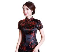 Shanghai Story Chinese Cheongsam Shirt Short Sleeve China Blouse for Women, Flower Black Red, M