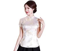 Shanghai Story Chinese Cheongsam Shirt Short Sleeve China Blouse for Women, Flower Light Yellow, XL