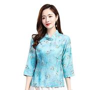 Shanghai Story Linen 3/4 Sleeve Chinese Blouse Traditional Top Qipao Shirt for Women, Lake Blue Blouse, 3X-Large