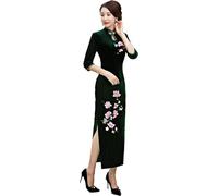 Shanghai Story Peacock Floral Embroidery Velvet Long Cheongsam Qipao Dress, Green Lily Floral, X-Large