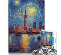 Shanghai Under The Night Sky Jigsaw Puzzles for Adults 1000 Pieces,Challenging To Complete But Fun And Humorous with Matching Poster And Trivia Sheet 50x75cm