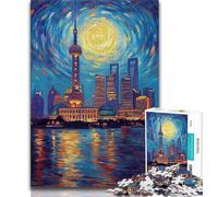 Shanghai Under The Night Sky Jigsaw Puzzles for Adults Teenagers Jigsaws Puzzle,Challenging Game And Family Play for Is Ideal As A Gift for The Whole Family 50x75cm