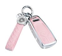 SHANGHONG Compatible Audi Key Fob Cover with Keychain, Genuine Leather Crystal, Full Protection, Fit for Audi A4 Q7 Q5 TT A3 A6 SQ5 R8 S5, Pink