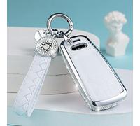 SHANGHONG Compatible with Audi Key Fob Cover with Keychain Genuine Leather Crystal Full Protection Key Case Shell Fit for Audi A4 Q7 Q5 TT A3 A6 SQ5 R8 S5 Smart Key-White