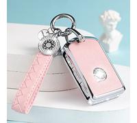 SHANGHONG Compatible with Volvo Key Fob Cover with Keychain Leather Crystal 360 Degree Protection Key Shell Case for Volvo XC90, XC60, XC40, S60, S90, V60, V90, Polestar 1, Polestar 2 (Pink)