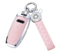 SHANGHONG for Audi Key Fob Cover with Keychain, Genuine Leather Crystal Full Protection Key Case Shell Compatible with A6L A6 A7 A8 Q7 Q8 E-Tron 2018-2022 A3 S3 S6 SQ7 RS6 S7 RS7 Smart Key-Pink