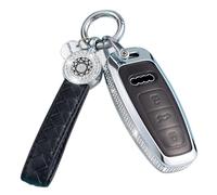 SHANGHONG for Audi Key Fob Cover with Keychain, Genuine Leather Crystal Full Protection Key Case Shell Compatible with A6L A6 A7 A8 Q7 Q8 E-Tron 2018-2022 A3 S3 S6 SQ7 RS6 S7 RS7 Smart Key-Black
