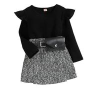 ShangSRS Toddler Kids Girl Clothes Set 2 Pieces Spring Summer Outfits Flying sleeve Round Neck Ribbed Long Sleeve Top + Waistband Bag Skirt Little Girl Costume (Black+Gray, 3-4 Years)