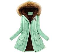ShangSRS Womens Coat Autumn Winter Warm Fur Collar Slim Fit Monochrome Zipper Long Hooded Jacket Parka Outwear (Light Green, XL)