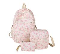 SHANGYU Bow Backpack, 3 Pcs Backpack Bags Set, Cute Kawaii Backpack Set Aesthetic Daypack Bow Rucksack, with Lunch Box Pencil Case, for Preschool Elementary High School Kids Teens (Pink)