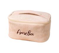 Shangyue Personalized Embroidered Cosmetic Bag,Embroidered Corduroy Makeup Bag Travel Makeup Pouch, Women Toiletry Bags, Khaki, Portable