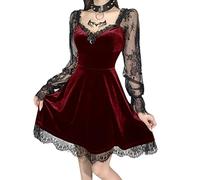 SHANHE Gothic Black Mini Dress Lace Trim High Waist Bodycon Dress Y2K Women 90s Vintage Punk Harajuku Lolita Clothes-Red,S