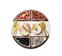 Shanik Upgraded Lazy Susan Marble Cheese Cutting Board Set, Round Acacia Charcuterie Board, Cheese Serving Platter with 4 Ceramic Bowls and Craft - Gift For any Occasion (Without Engraving)