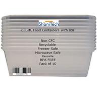 ShaniTech Pack of 10 Food Containers with Lids Heavy Duty Microwave & Freezer Safe Plastic Box Container (650ML)