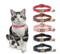 SHANLILY Vintage Personalized Cat Collar Breakaway Wear-Resistant Leather Kitten Pet Collar with Bell(Black)